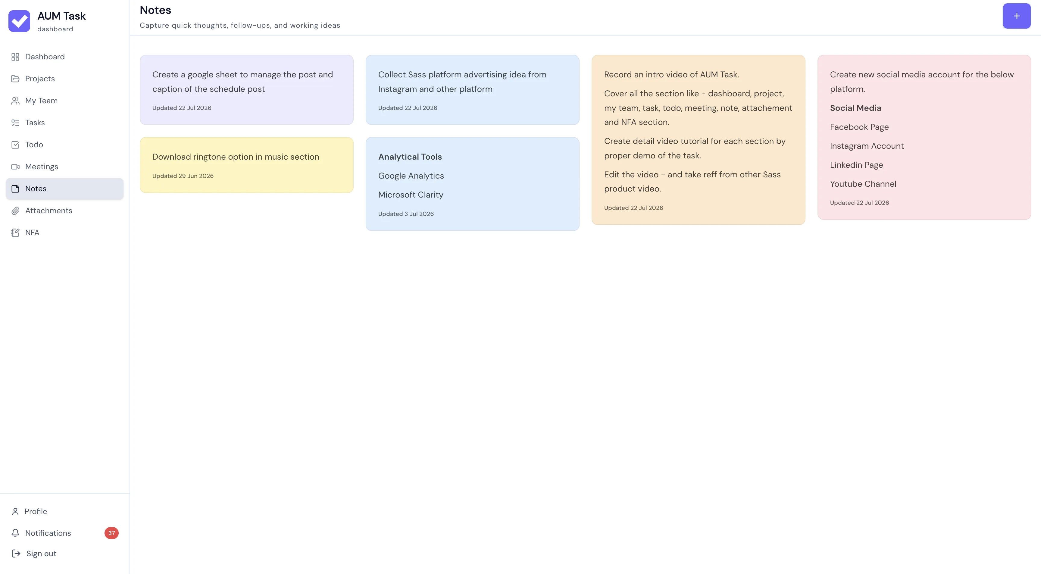AUM Task Digital Note Creation Dashboard